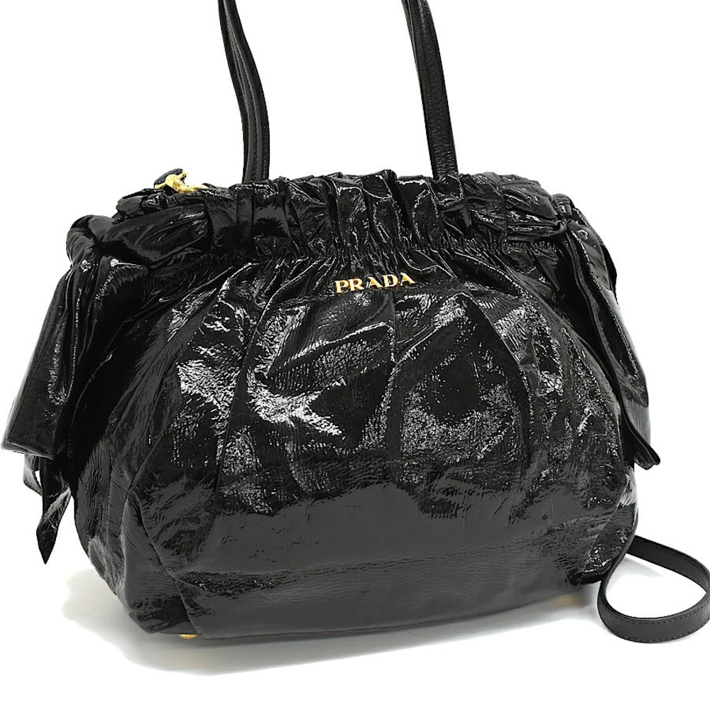 Prada Tote Tessuto Saffiano Bag Side Ribbons Patent Vernis Leather Black